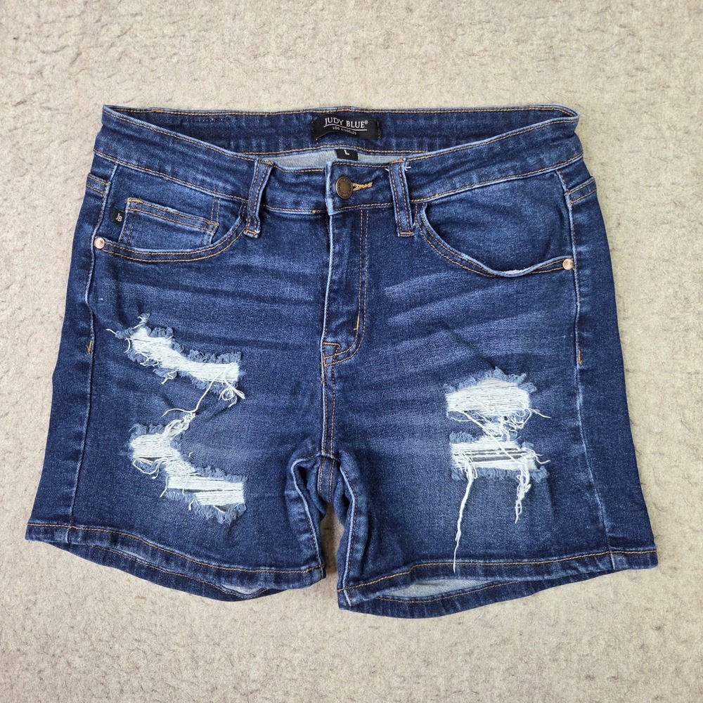 Judy Blue Denim Shorts Womens L Blue Distressed Stretch Denim Bermuda JB1551